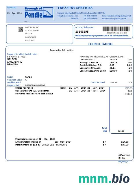 Wielka Brytania Borough of Pendle council tax rachunek za usługi komunalne szablon w formacie Word i PDF
